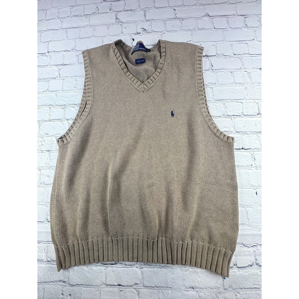 Polo Ralph Lauren Knit Vest Mens XL Tan Good V-Neck Cotton Sleeveless Sweater